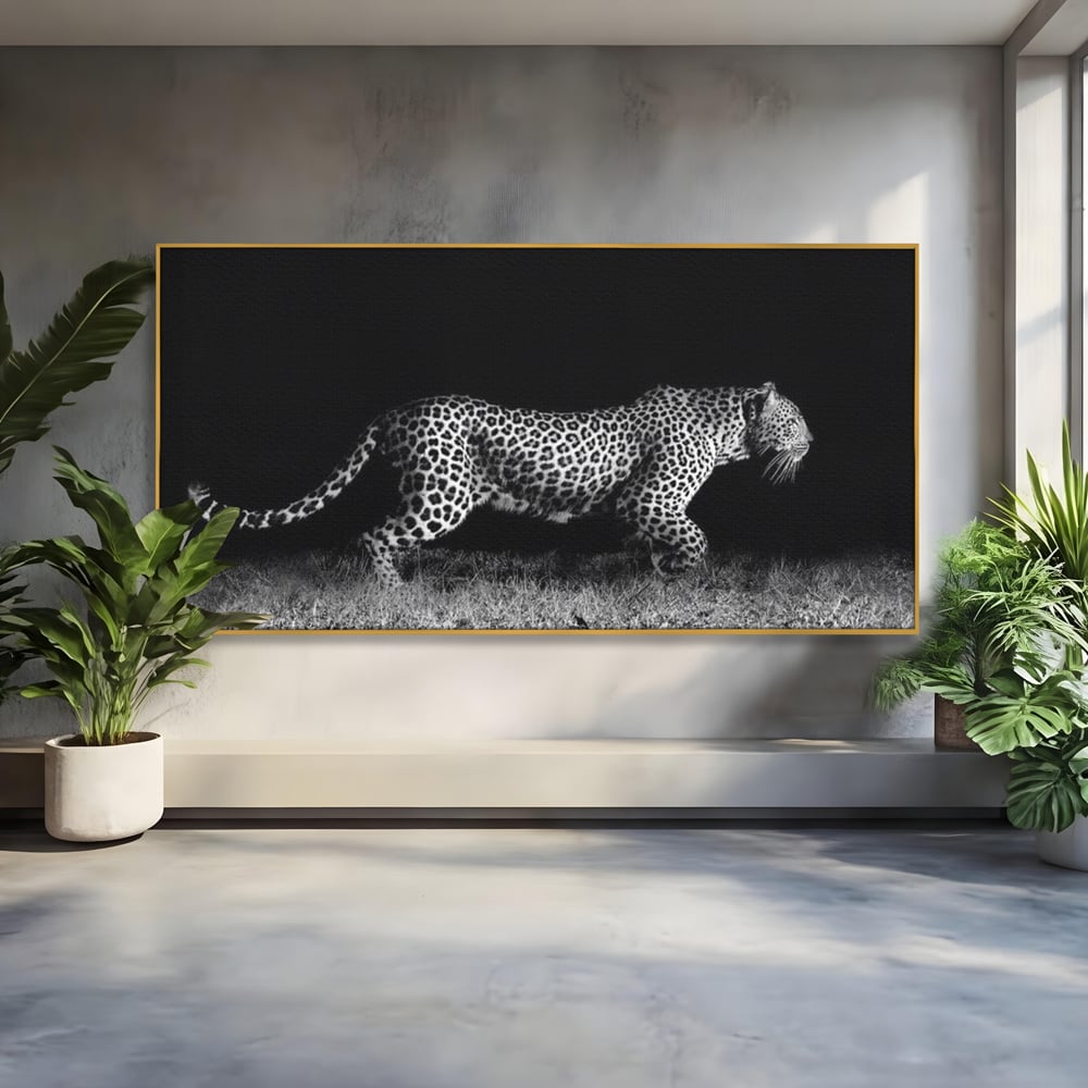 Tablou canvas cu tablou canvas cu jaguar nocturn, in rama de aluminiu auriu